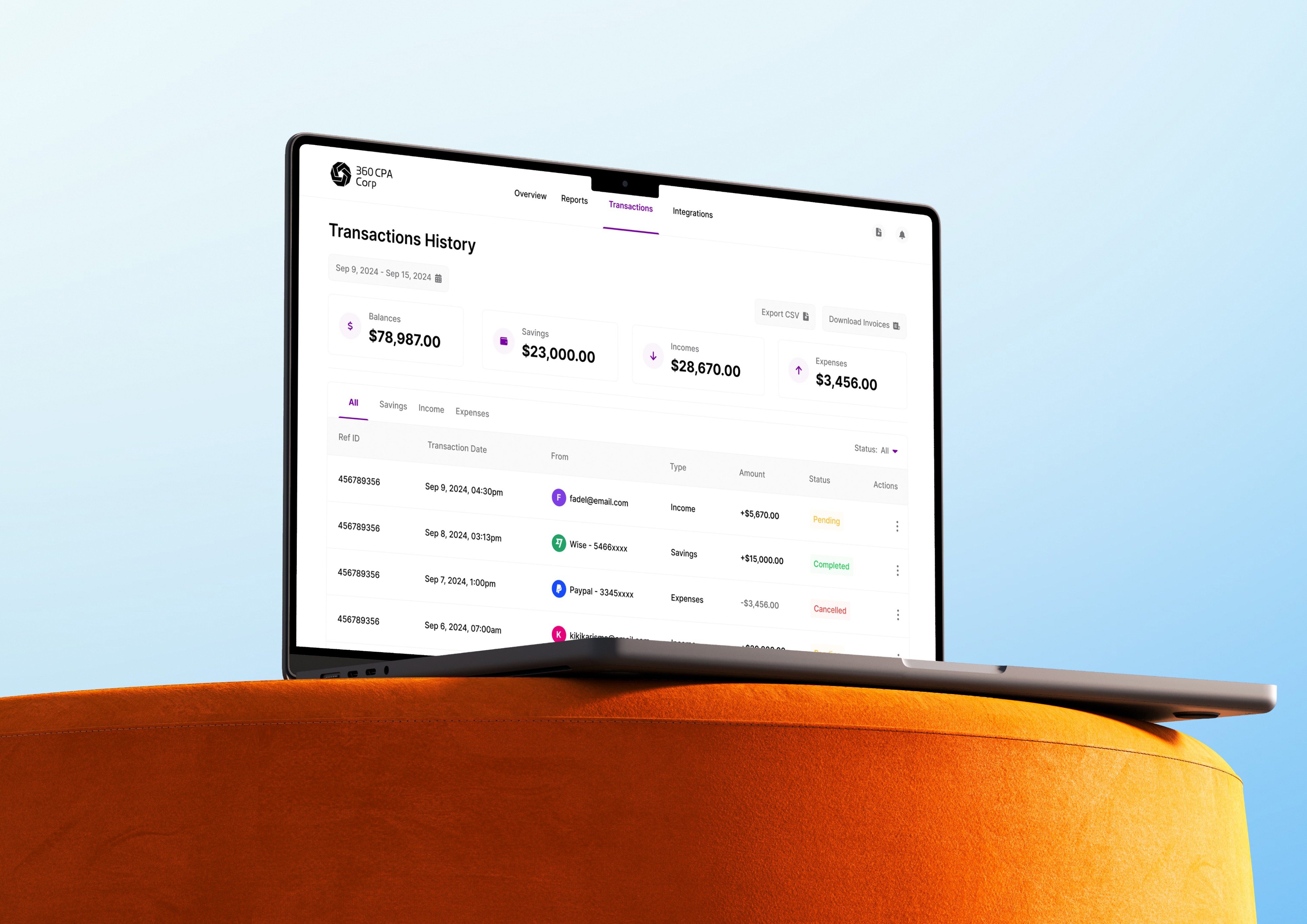 360CPA accounting platform interface on a laptop